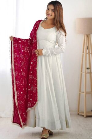 Embroidered Georgette Stitched Anarkali Gown (White)