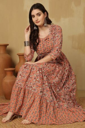 Floral Print Pure Cotton Stitched Anarkali Gown