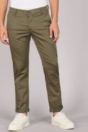 Men Slim Fit Green Polyester Trousers