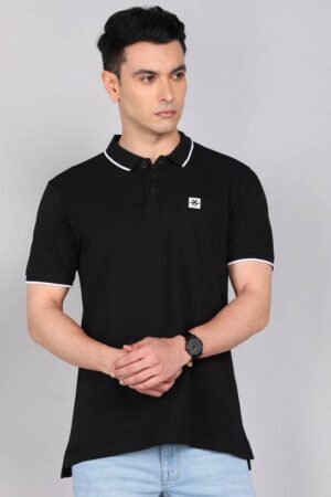 Men Solid Polo Neck Pure Cotton Black T-Shirt