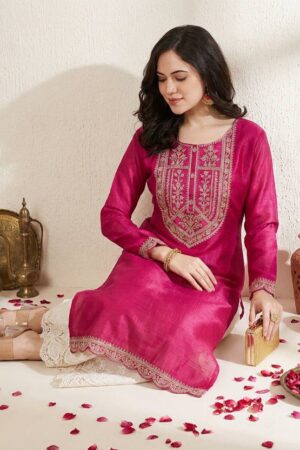 Women Embroidered Silk Blend Straight Kurta