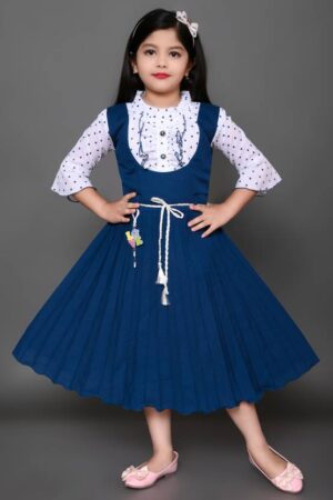 Girls Below Knee Casual Dress (Blue, 3/4 Sleeve)