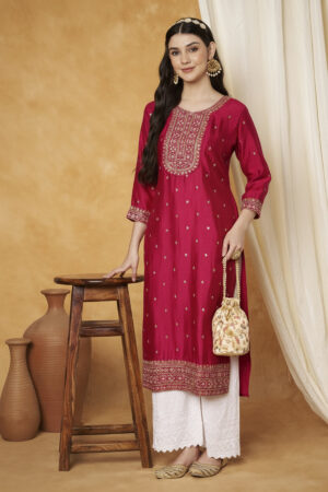 Women Embroidered Pure Silk A-line Kurta (Maroon)