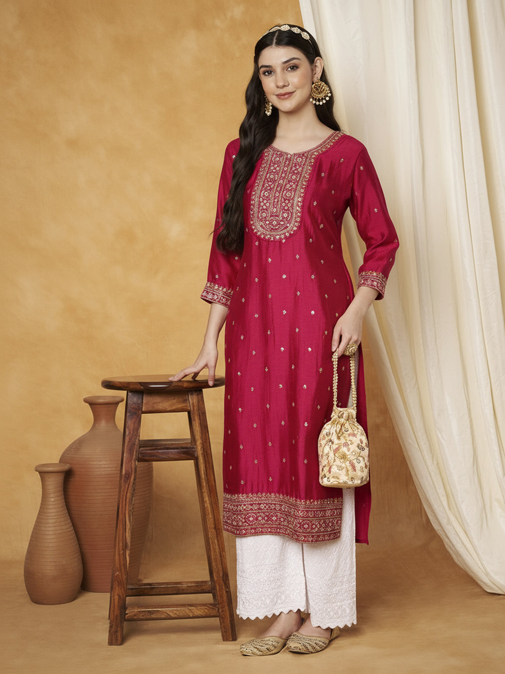 Women Embroidered Pure Silk A-line Kurta (Maroon)