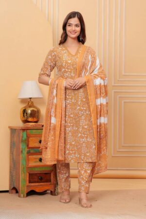 Women Pure Cotton Kurti Pant Dupatta Set