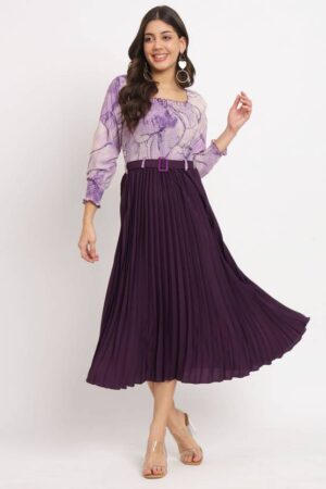 Women A-line Purple, White Midi/Calf Length Dress