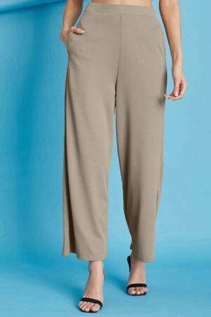 Women Flared Beige Cotton Blend Trousers