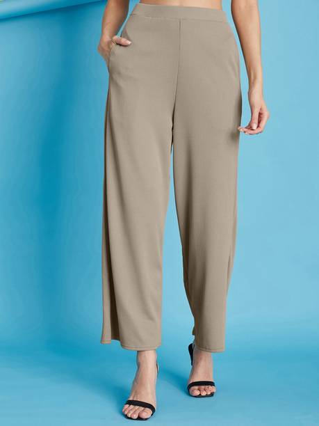 Women Flared Beige Cotton Blend Trousers