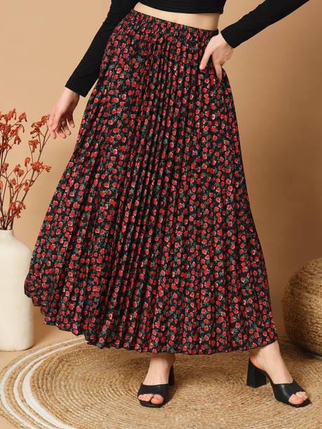 ZWERLON Women Floral Print A-line Red Skirt