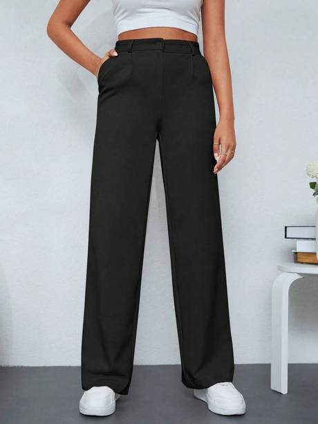 Aileyis Women Loose Fit Black Polyester Trousers