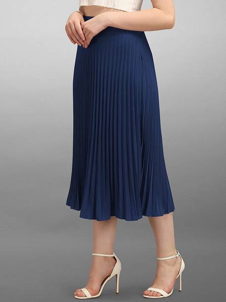 Deklook Women Solid Pleated Blue Skirt