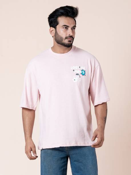 RR GARMENTS Men Printed Round Neck Cotton Blend Pink T-Shirt