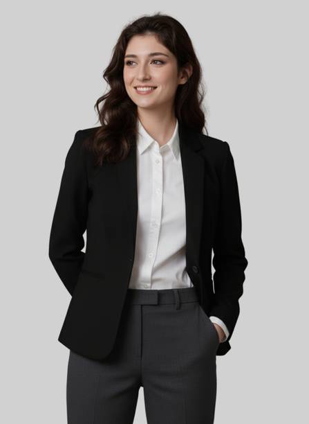 Rocksy Women Solid Single Breasted Casual Blazer (Black)