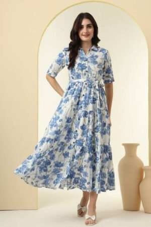 Klikniz Women A-line Blue Midi/Calf Length Dress
