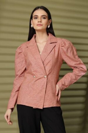 PLUSS Women Solid Mandarin Casual Blazer (Pink)