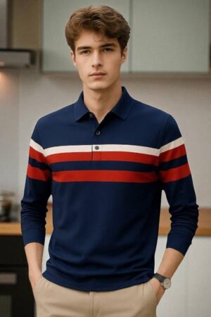 FASHIUM Men Striped Polo Neck Cotton Blend Navy Blue T-Shirt