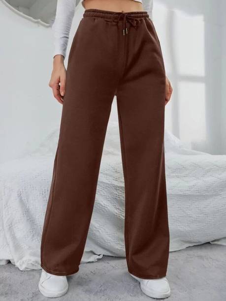 Women Loose Fit Brown Cotton Blend Trousers
