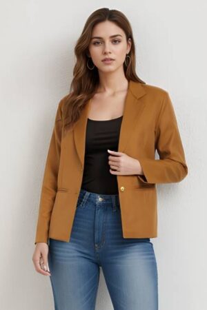 Rocksy Women Solid Single Breasted Casual Blazer (Brown)