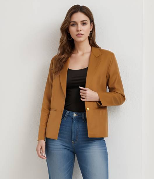 Rocksy Women Solid Single Breasted Casual Blazer (Brown)