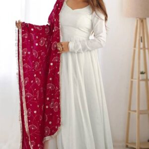 Embroidered Georgette Stitched Anarkali Gown (White)