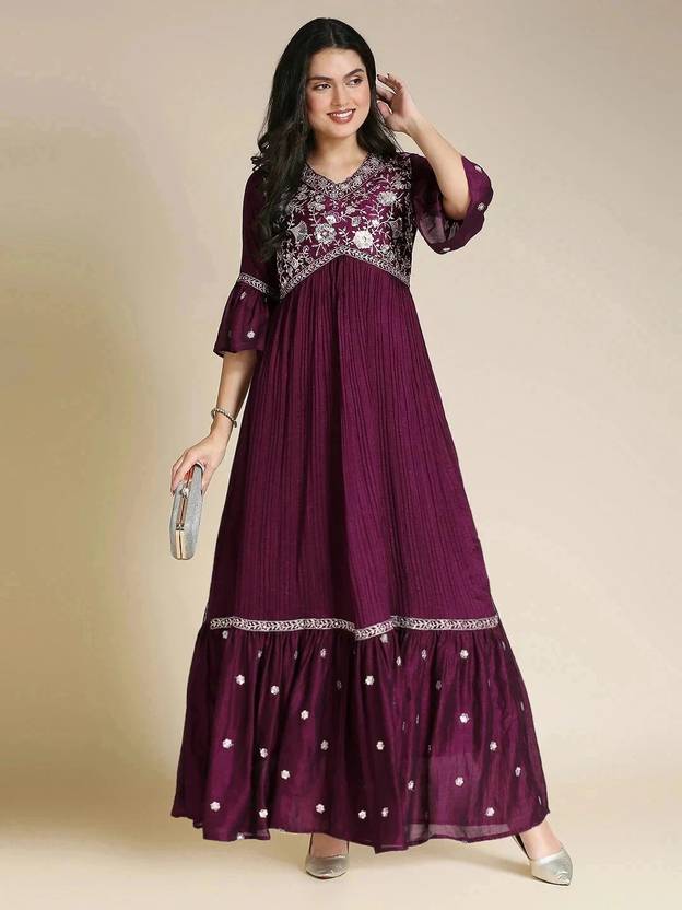 Embroidered Pure Silk Stitched Anarkali Gown