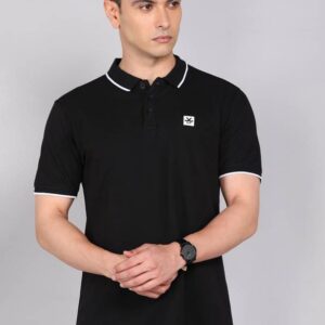 Men Solid Polo Neck Pure Cotton Black T-Shirt