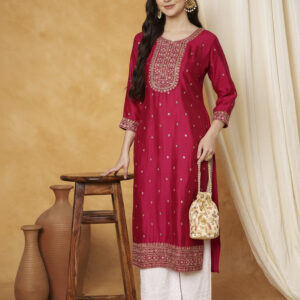 Women Embroidered Pure Silk A-line Kurta (Maroon)
