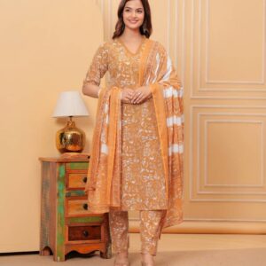 Women Pure Cotton Kurti Pant Dupatta Set