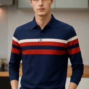 FASHIUM Men Striped Polo Neck Cotton Blend Navy Blue T-Shirt